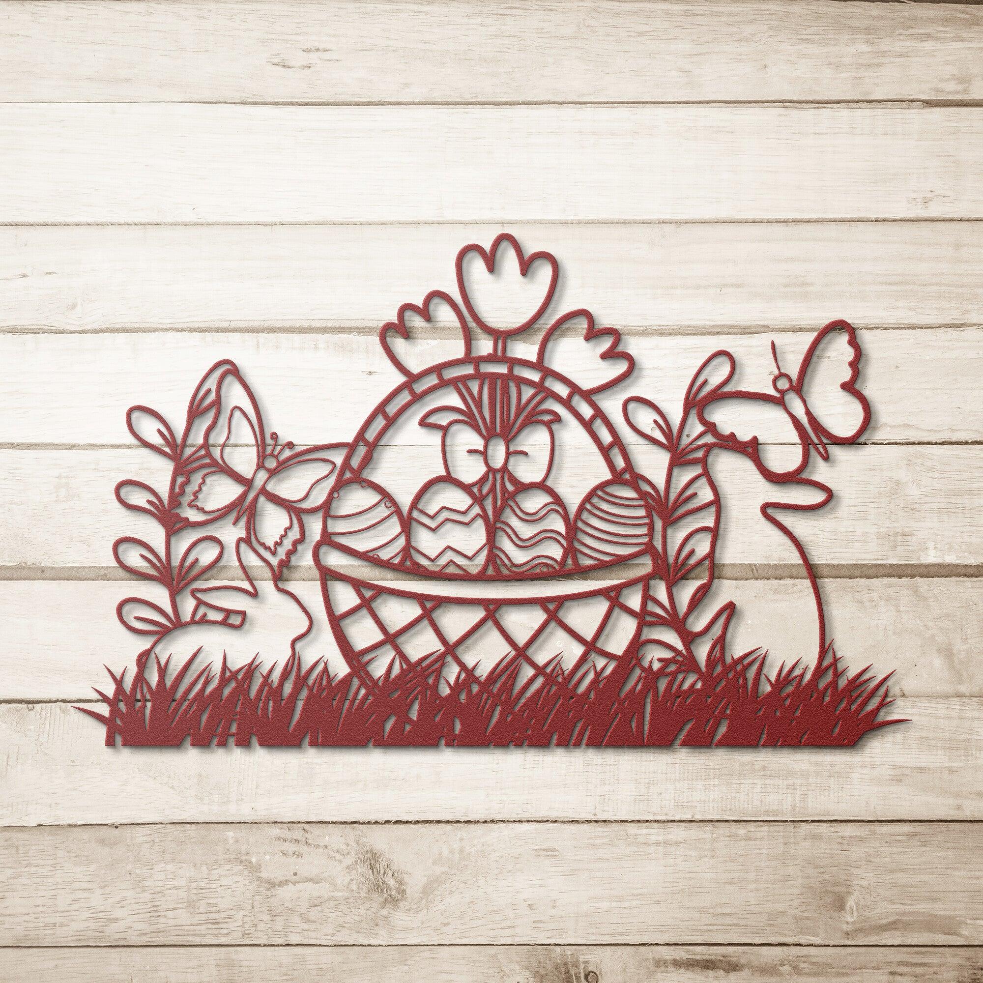 Bunny Rabbit Easter Basket Metal Art Wall Sign - Mallard Moon Gift Shop