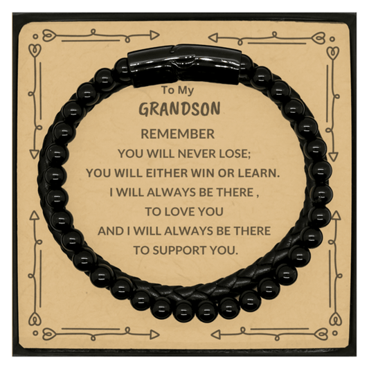 Grandson Black Braided Leather Stone Bracelet, Remember, You Will Never Lose. You Will Either Win or Learn, Leather Engraved Bracelets for your Grandson, Birthday, or Christmas, Inspirational Gifts Ideas - Mallard Moon Gift Shop