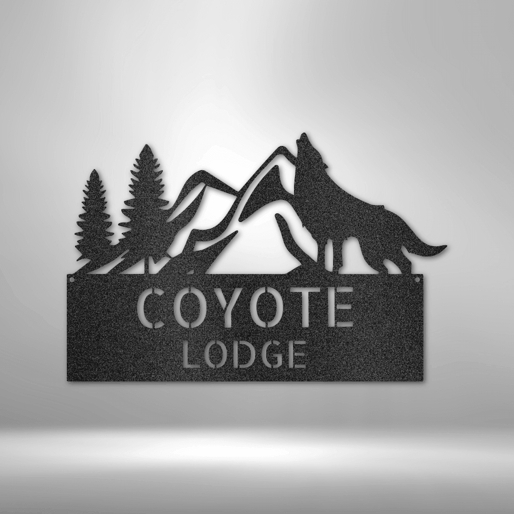 Coyote and Mountains Custom Name Metal Wall Sign - Mallard Moon Gift Shop