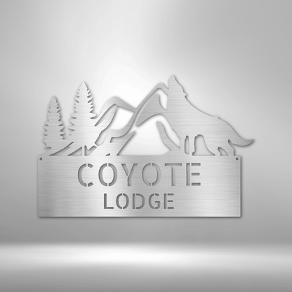 Coyote and Mountains Custom Name Metal Wall Sign - Mallard Moon Gift Shop