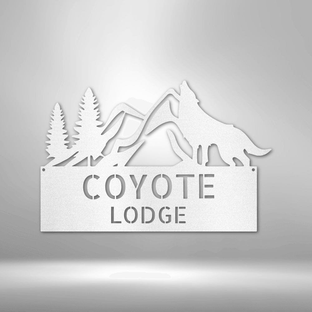 Coyote and Mountains Custom Name Metal Wall Sign - Mallard Moon Gift Shop