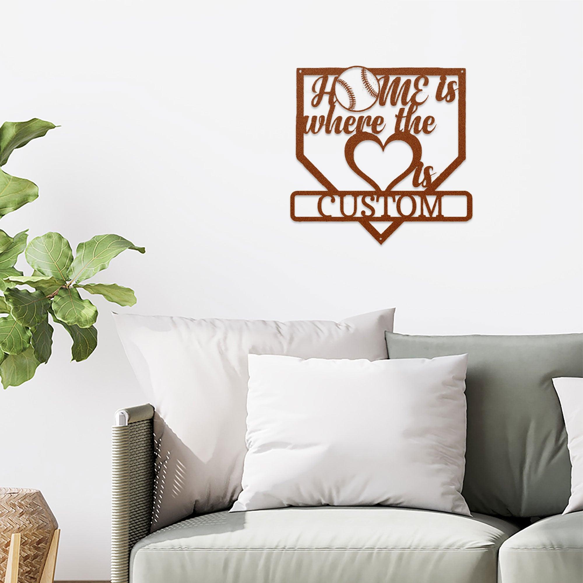 Baseball Home Is Where the Heart Is Custom Name Metal Art Wall Sign - Mallard Moon Gift Shop