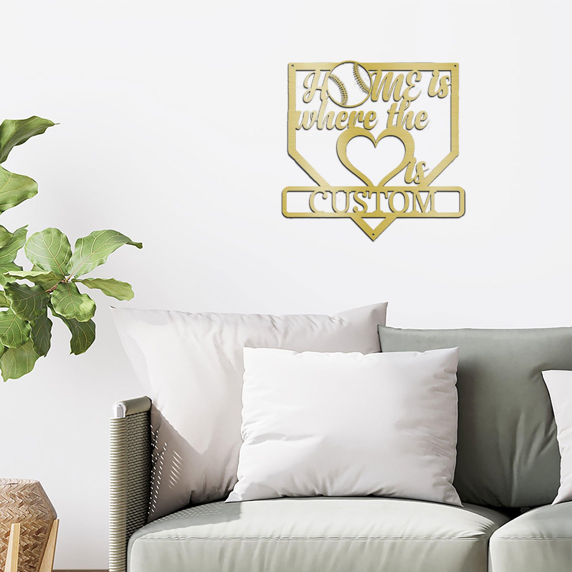 Baseball Home Is Where the Heart Is Custom Name Metal Art Wall Sign - Mallard Moon Gift Shop