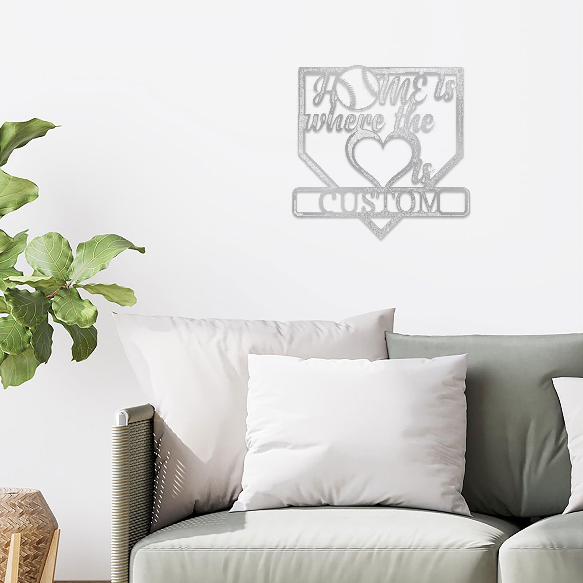 Baseball Home Is Where the Heart Is Custom Name Metal Art Wall Sign - Mallard Moon Gift Shop