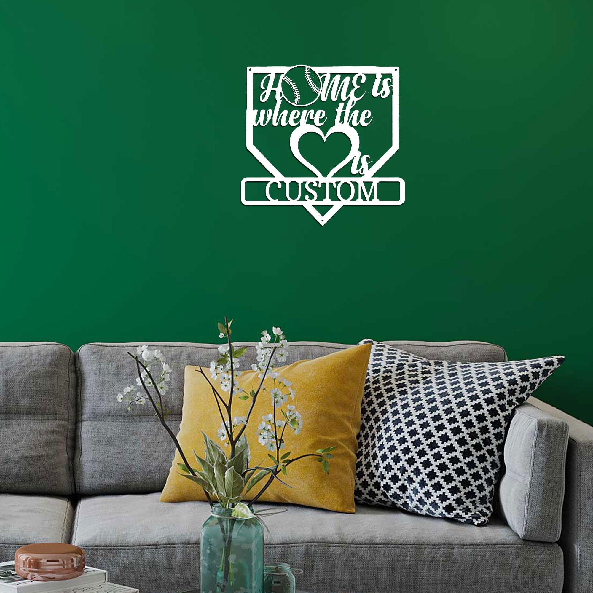 Baseball Home Is Where the Heart Is Custom Name Metal Art Wall Sign - Mallard Moon Gift Shop