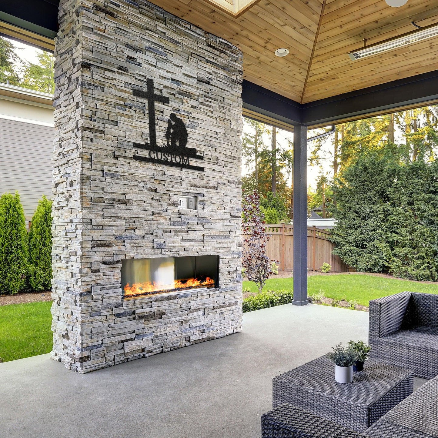 Praying Soldier Kneeling at Cross Custom Name Metal Wall Art - Mallard Moon Gift Shop