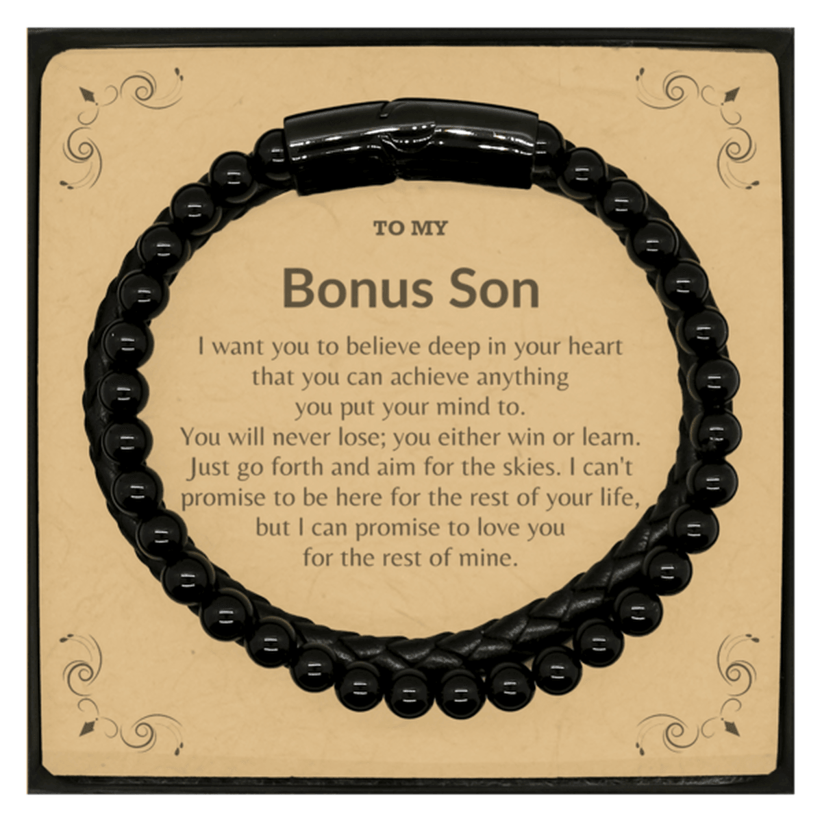 Motivational Bonus Son Stone Leather Bracelets, Bonus Son I can promise to love you for the rest of mine, Bracelet with Message Card For Bonus Son, Bonus Son Birthday Jewelry Gift for Women Men - Mallard Moon Gift Shop