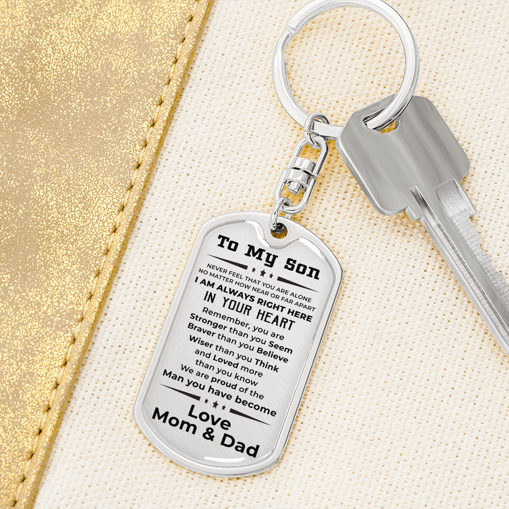 Gift for Adult Son Military Dog Tag Style Engraved Keychain Mom and Dad - Mallard Moon Gift Shop