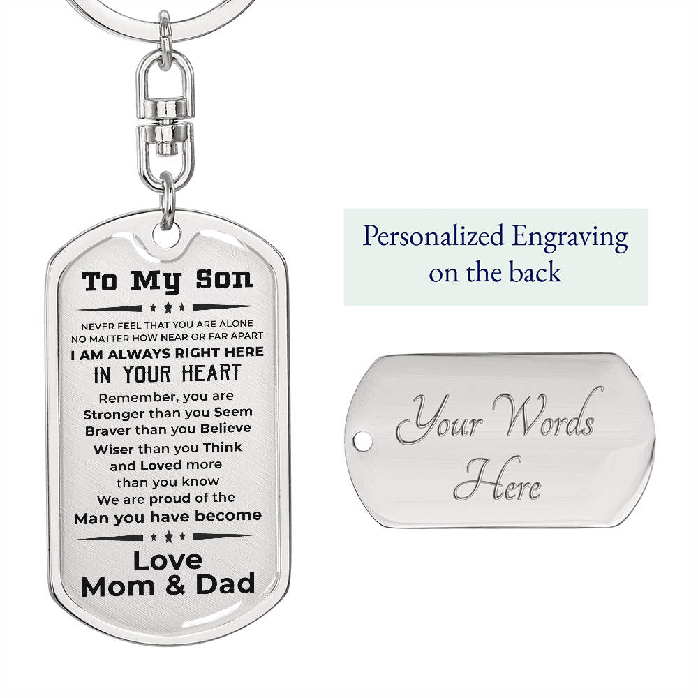 Gift for Adult Son Military Dog Tag Style Engraved Keychain Mom and Dad - Mallard Moon Gift Shop