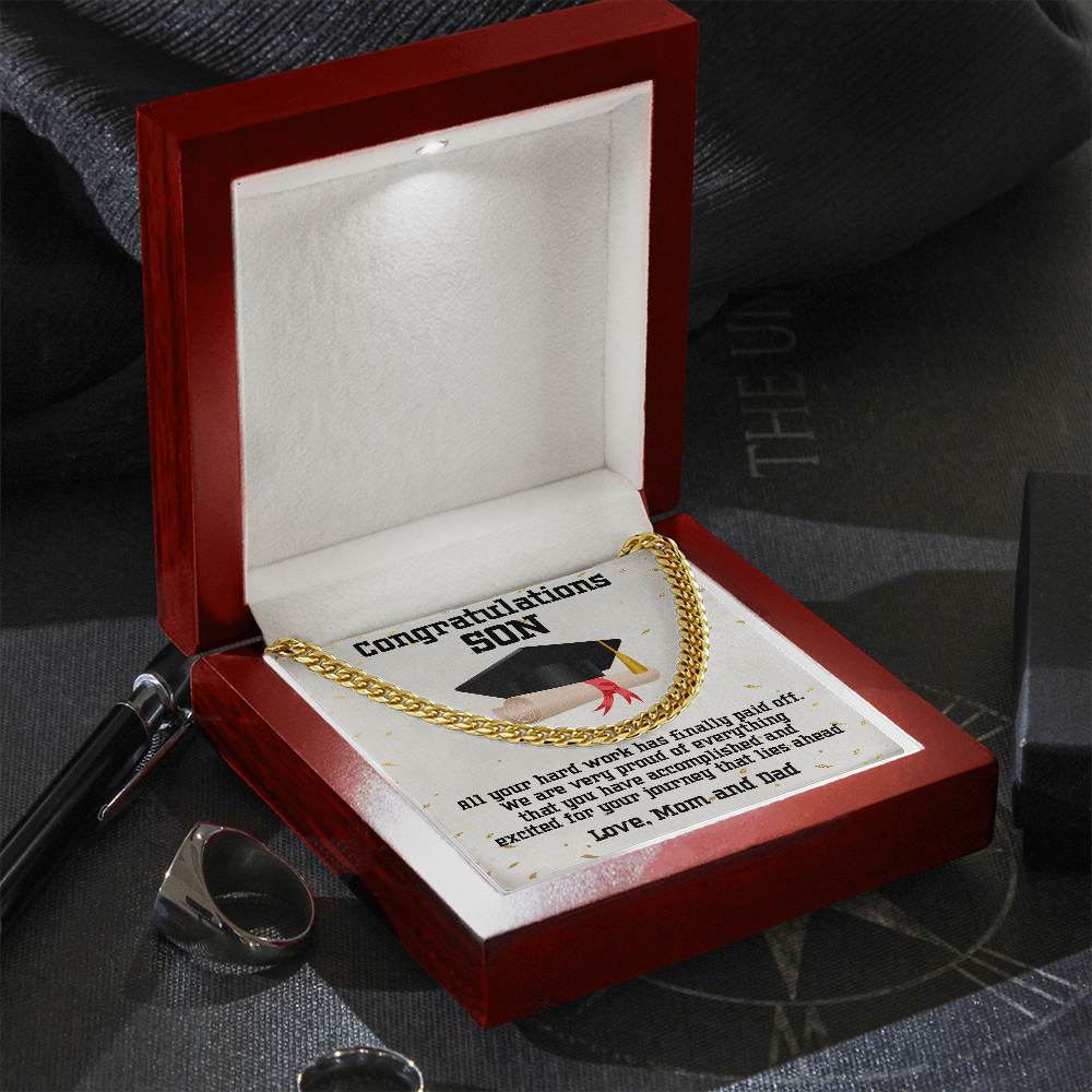 Son Graduation Link Chain Necklace Congratulations Love Mom and Dad - Mallard Moon Gift Shop