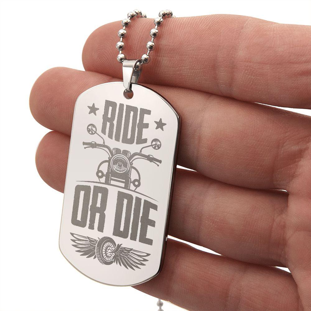 Gift for Biker Ride Or Die Engraved Dog Tag Necklace - Mallard Moon Gift Shop
