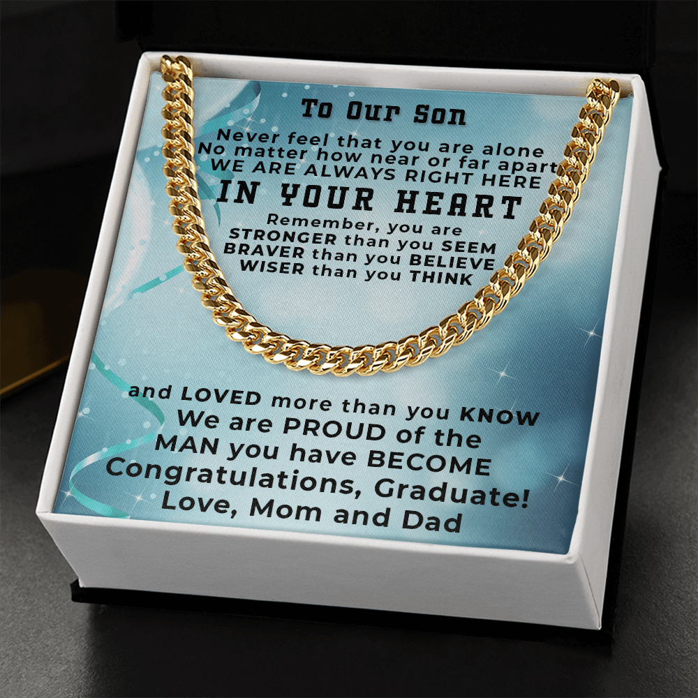 Son Graduation Cuban Link Chain Necklace Congratulations Mom and Dad - Mallard Moon Gift Shop