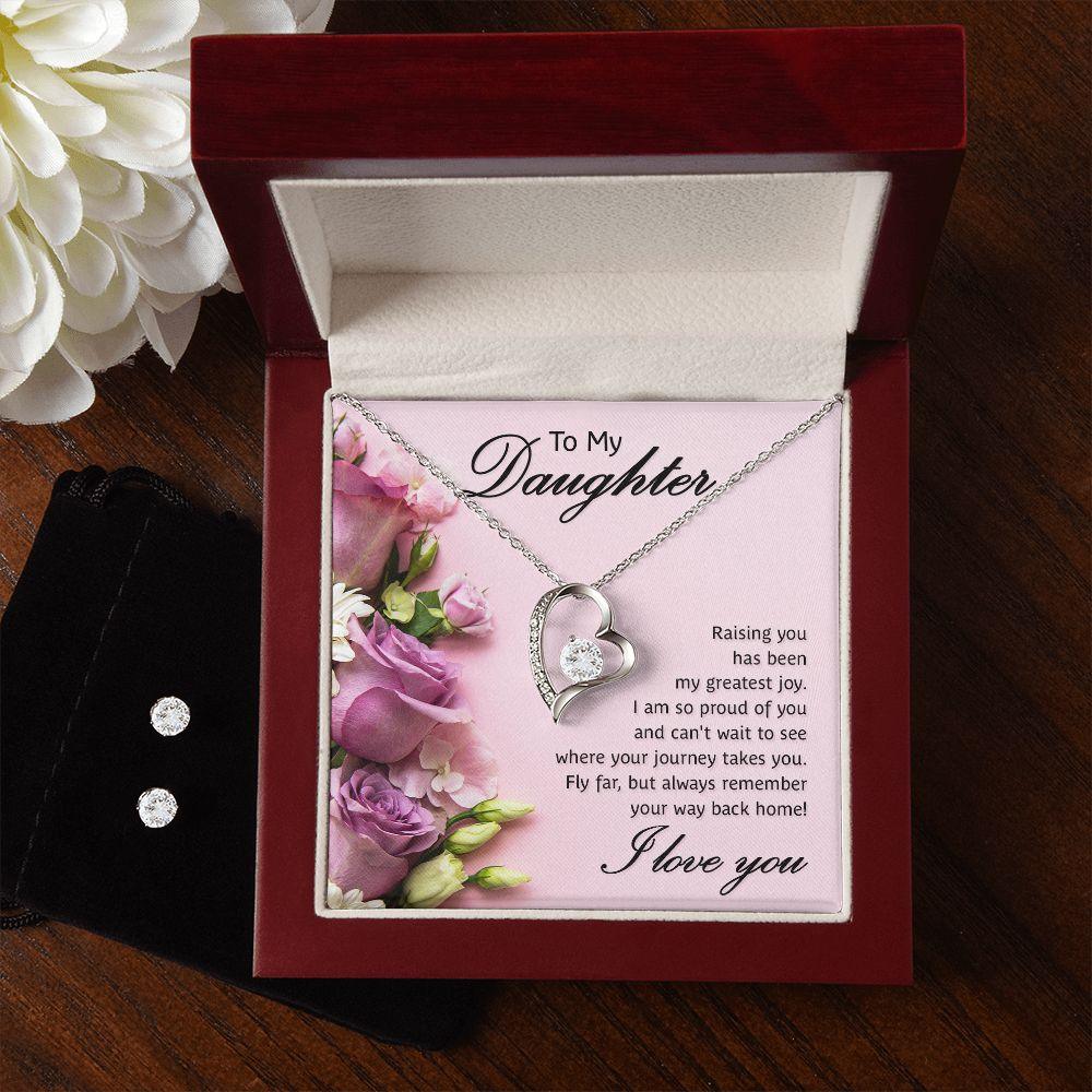To My Daughter- Raising You My Greatest Joy Forever Love Heart Pendant Necklace and Earring Set - Mallard Moon Gift Shop