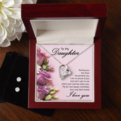 To My Daughter- Raising You My Greatest Joy Forever Love Heart Pendant Necklace and Earring Set - Mallard Moon Gift Shop