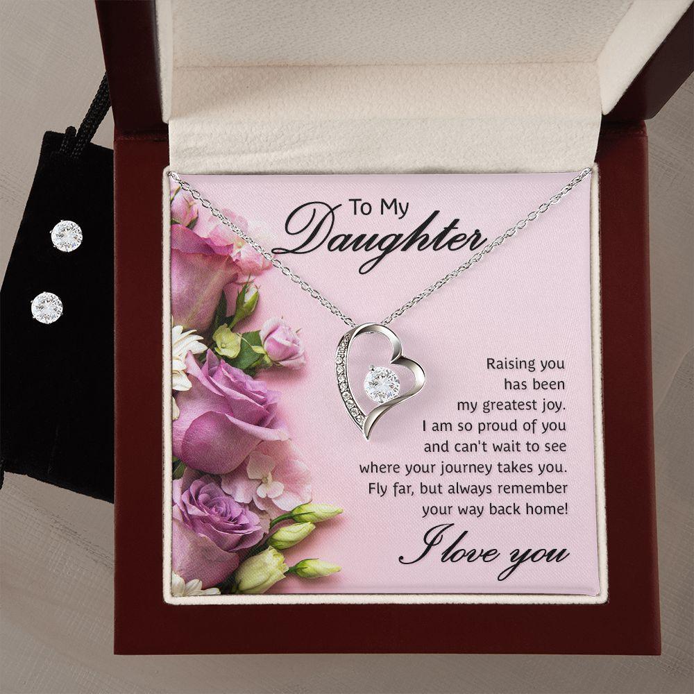 To My Daughter- Raising You My Greatest Joy Forever Love Heart Pendant Necklace and Earring Set - Mallard Moon Gift Shop