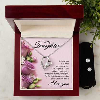 To My Daughter- Raising You My Greatest Joy Forever Love Heart Pendant Necklace and Earring Set - Mallard Moon Gift Shop