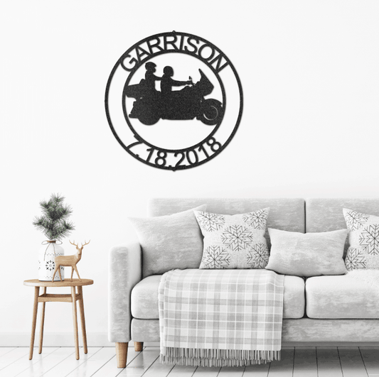 Motorcycle Couple Cruising Custom Name Metal Art Wall Sign - Mallard Moon Gift Shop