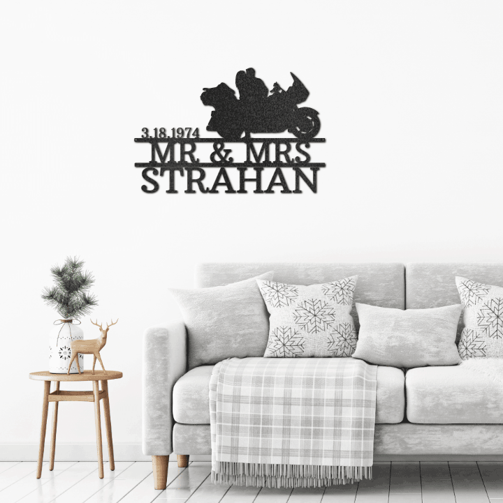 Motorcycle Mr. and Mrs. Custom Name Metal Art Wall Sign - Mallard Moon Gift Shop