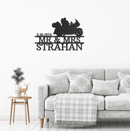 Motorcycle Mr. and Mrs. Custom Name Metal Art Wall Sign - Mallard Moon Gift Shop