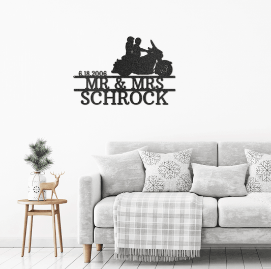 Motorcycle Cruising Couple Custom Mr & Mrs Metal Art Wall Sign - Mallard Moon Gift Shop