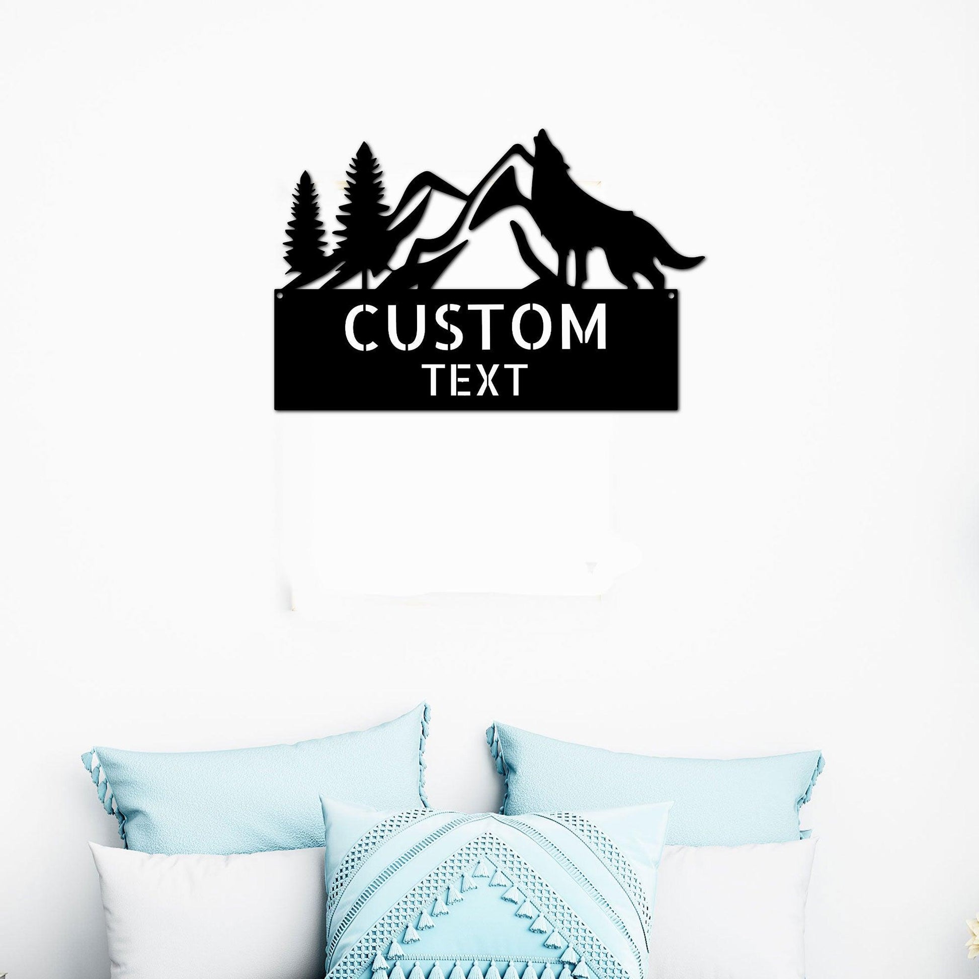 Coyote and Mountains Custom Name Metal Wall Sign - Mallard Moon Gift Shop
