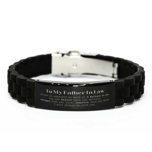 Father In Law Black Glidelock Clasp Bracelet Gifts, To My Father In Law You are braver than you believe, stronger than you seem, Inspirational Gifts For Father In Law Engraved, Birthday, Christmas Gifts For Father In Law Men Women - Mallard Moon Gift Shop