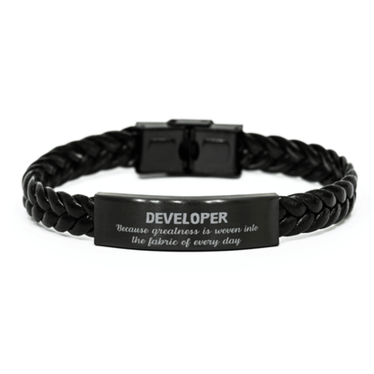 Sarcastic Developer Braided Leather Bracelet Gifts, Christmas Holiday Gifts for Developer Birthday, Developer: Because greatness is woven into the fabric of every day, Coworkers, Friends - Mallard Moon Gift Shop