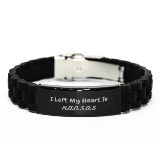 I Left My Heart In Kansas Gifts, Meaningful Kansas State for Friends, Men, Women. Black Glidelock Clasp Bracelet for Kansas People - Mallard Moon Gift Shop