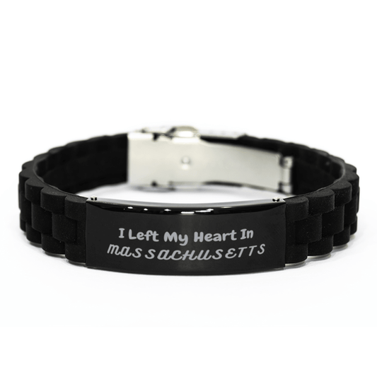 I Left My Heart In Massachusetts Gifts, Meaningful Massachusetts State for Friends, Men, Women. Black Glidelock Clasp Bracelet for Massachusetts People - Mallard Moon Gift Shop