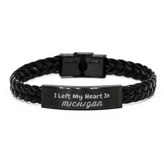 I Left My Heart In Michigan Gifts, Meaningful Michigan State for Friends, Men, Women. Braided Leather Bracelet for Michigan People - Mallard Moon Gift Shop