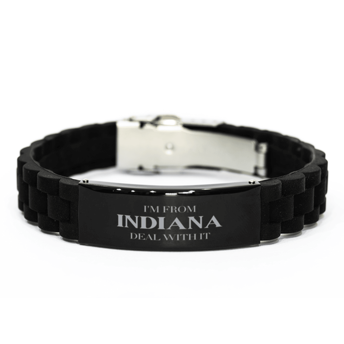 I'm from Indiana, Deal with it, Proud Indiana State Gifts, Indiana Black Glidelock Clasp Bracelet Gift Idea, Christmas Gifts for Indiana People, Coworkers, Colleague - Mallard Moon Gift Shop