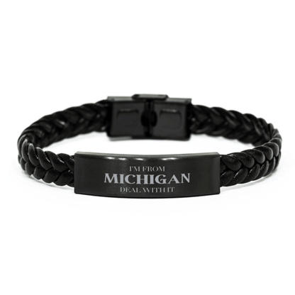 I'm from Michigan, Deal with it, Proud Michigan State Gifts, Michigan Braided Leather Bracelet Gift Idea, Christmas Gifts for Michigan People, Coworkers, Colleague - Mallard Moon Gift Shop