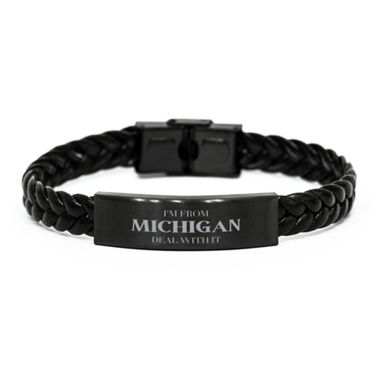 I'm from Michigan, Deal with it, Proud Michigan State Gifts, Michigan Braided Leather Bracelet Gift Idea, Christmas Gifts for Michigan People, Coworkers, Colleague - Mallard Moon Gift Shop