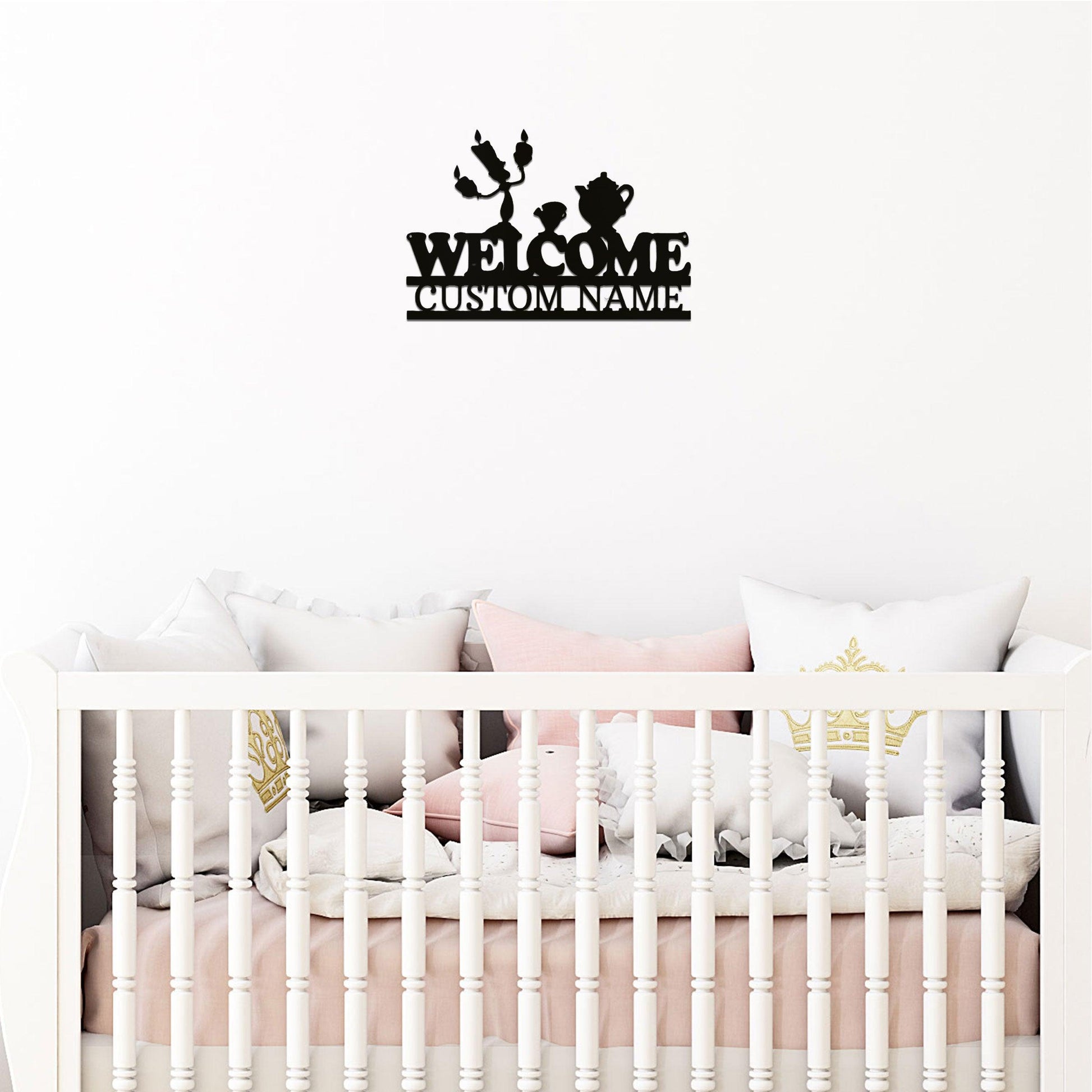 Candlestick and Teacup Beaty and the Beast Characters Welcome Custom Name Metal Art Wall Sign - Mallard Moon Gift Shop