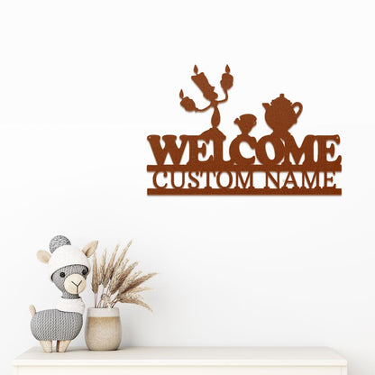 Candlestick and Teacup Beaty and the Beast Characters Welcome Custom Name Metal Art Wall Sign - Mallard Moon Gift Shop