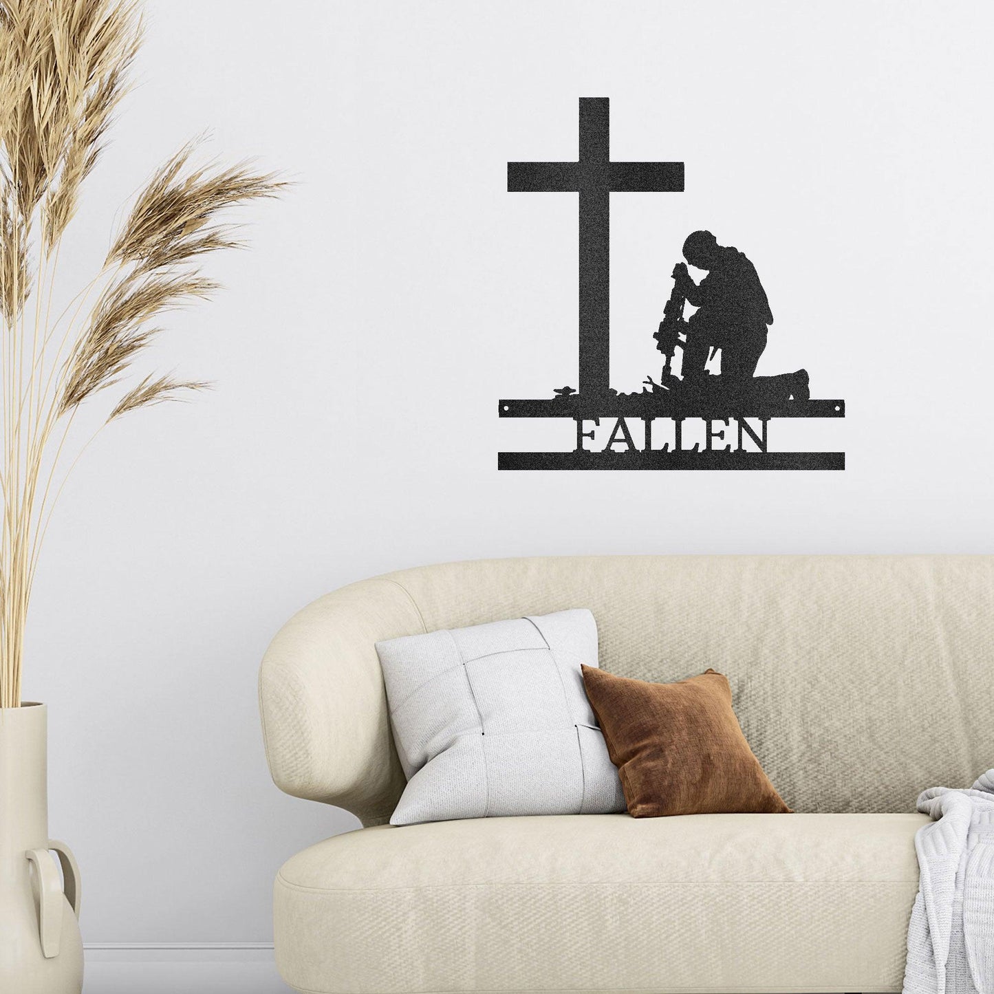 Praying Soldier Kneeling at Cross Custom Name Metal Wall Art - Mallard Moon Gift Shop