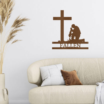 Praying Soldier Kneeling at Cross Custom Name Metal Wall Art - Mallard Moon Gift Shop