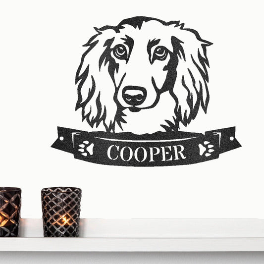 Dachshund Face Long-haired Custom Name Metal Art Wall Sign - Mallard Moon Gift Shop