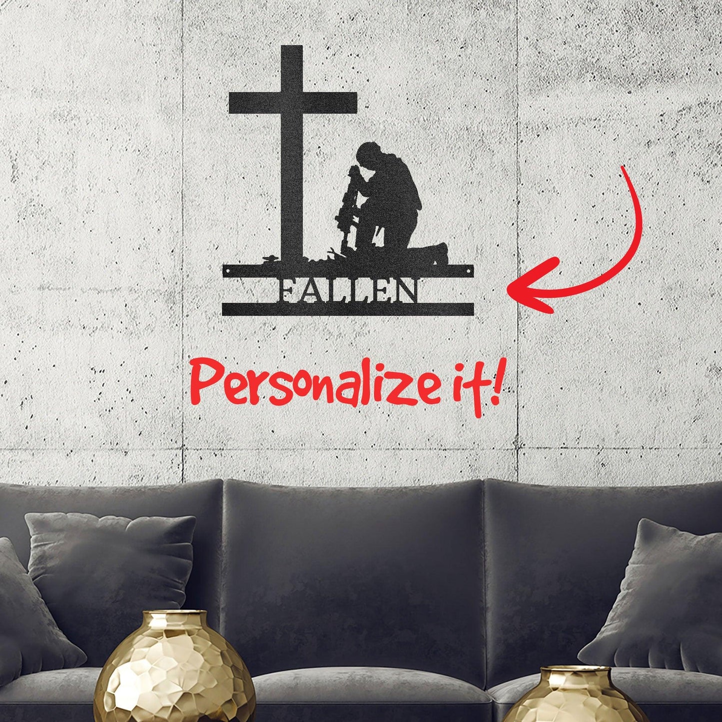 Praying Soldier Kneeling at Cross Custom Name Metal Wall Art - Mallard Moon Gift Shop