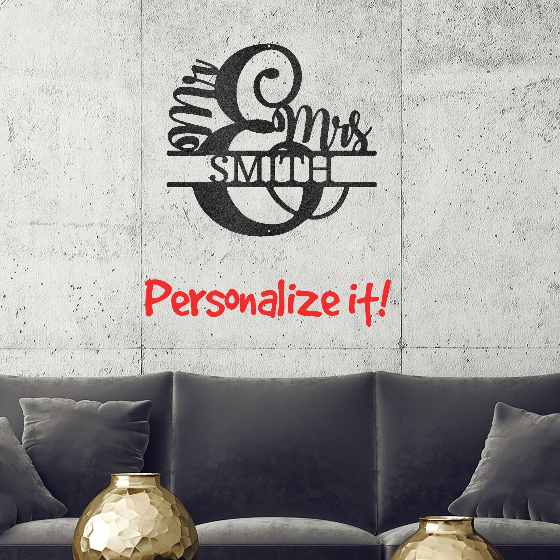 Couples Custom Name Monogram Mr. and Mrs. Steel Wall Sign - Mallard Moon Gift Shop