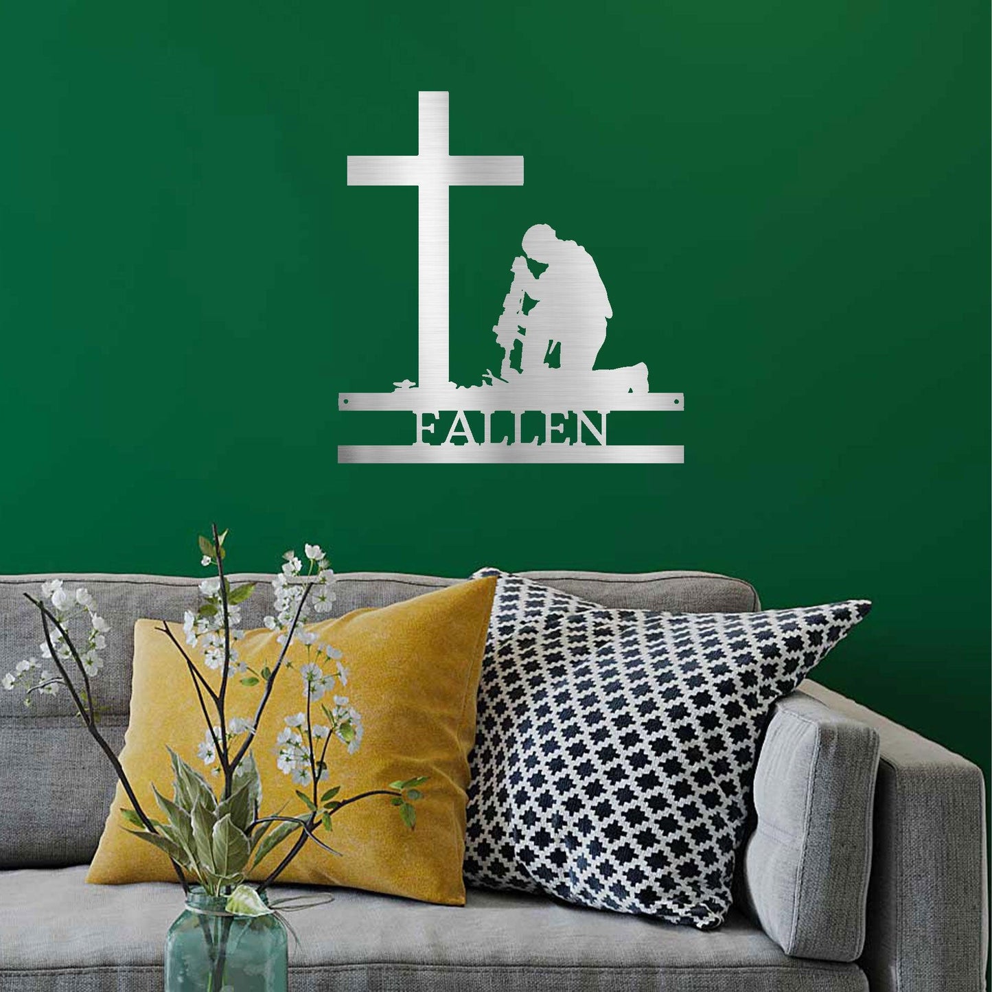 Praying Soldier Kneeling at Cross Custom Name Metal Wall Art - Mallard Moon Gift Shop