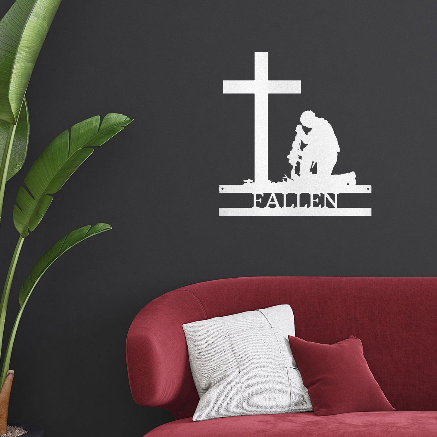 Praying Soldier Kneeling at Cross Custom Name Metal Wall Art - Mallard Moon Gift Shop