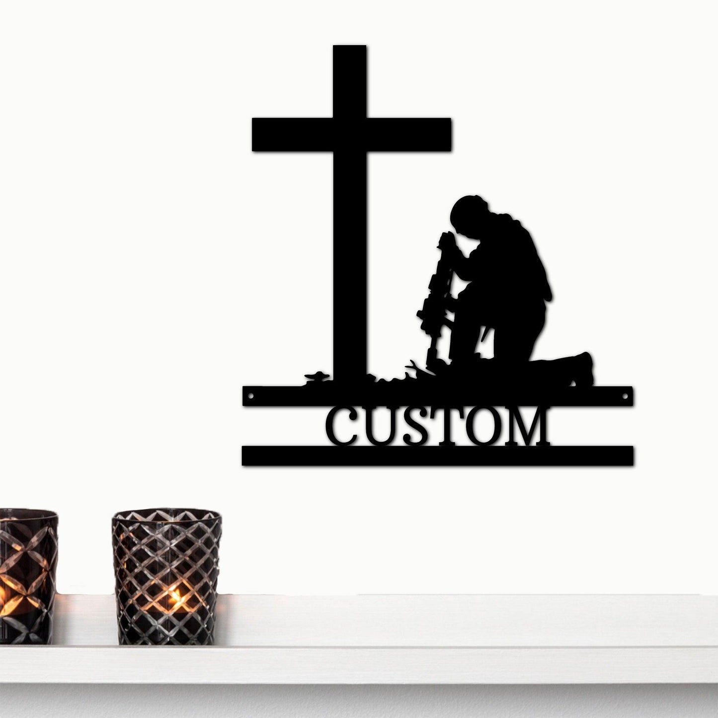 Praying Soldier Kneeling at Cross Custom Name Metal Wall Art - Mallard Moon Gift Shop
