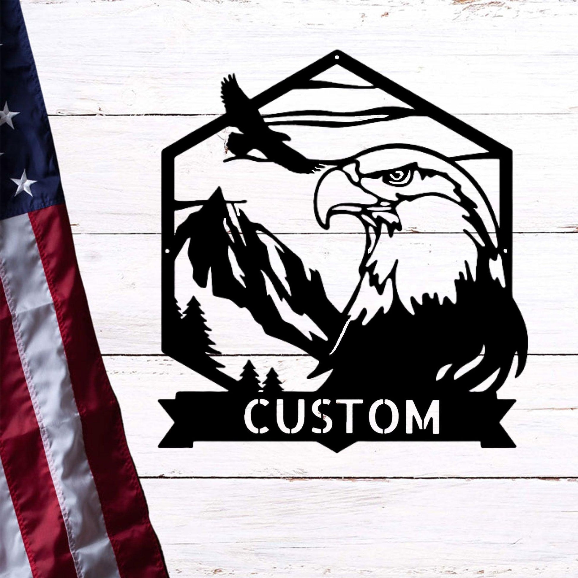 Bald Eagle Mountain Scene Custom Name Metal Art Wall Sign - Mallard Moon Gift Shop