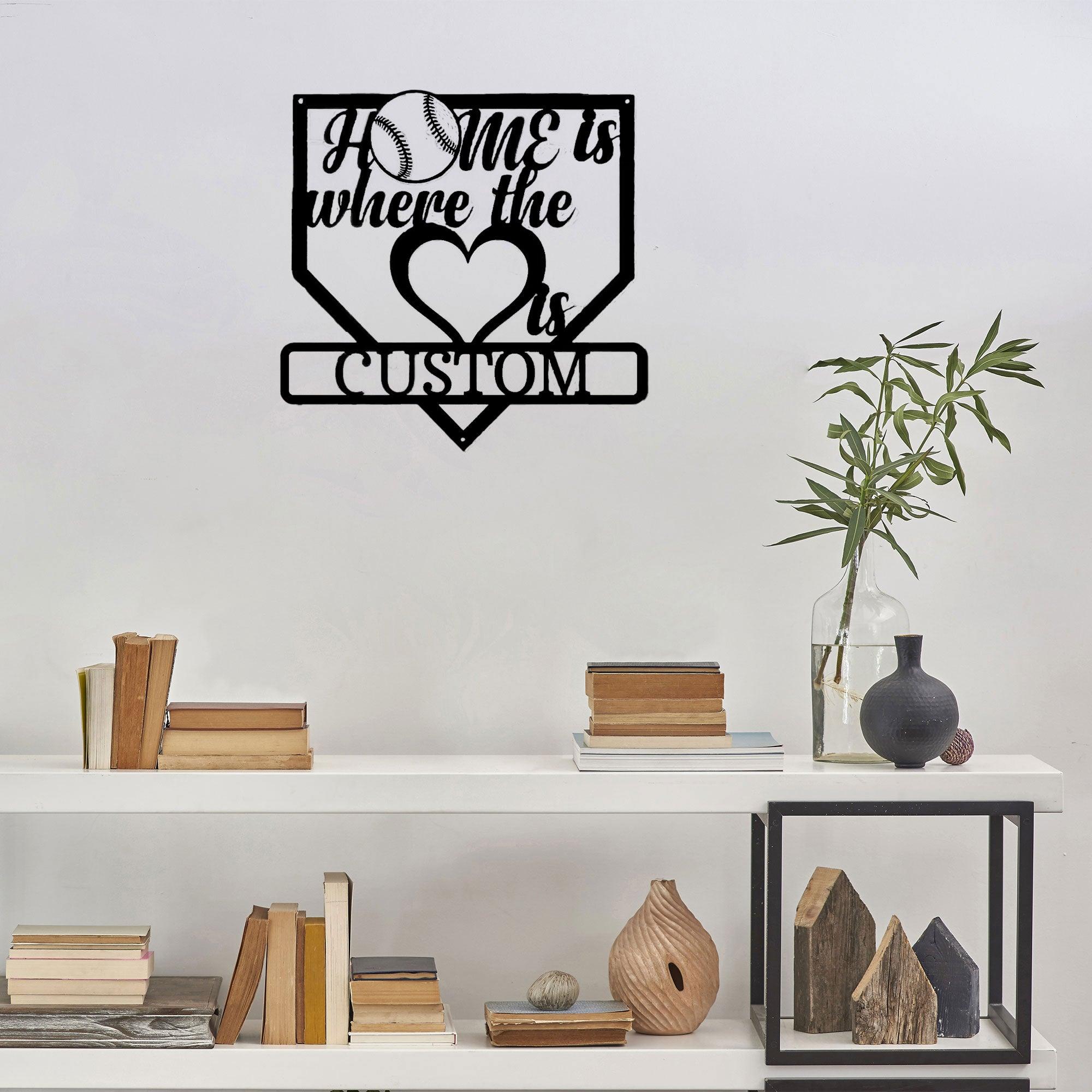 Baseball Home Is Where the Heart Is Custom Name Metal Art Wall Sign - Mallard Moon Gift Shop