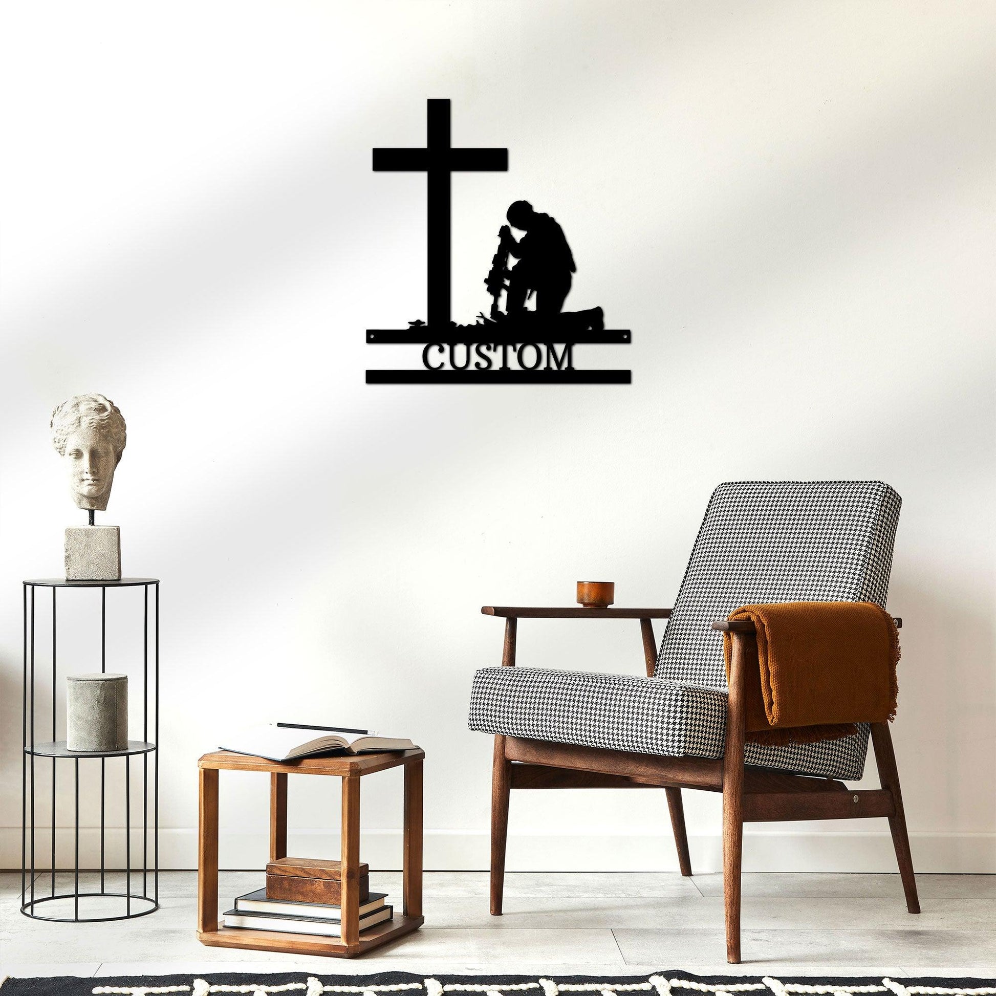 Praying Soldier Kneeling at Cross Custom Name Metal Wall Art - Mallard Moon Gift Shop