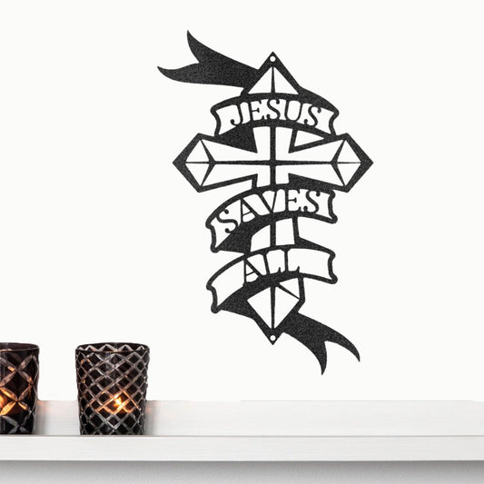 Jesus Saves All Cross Metal Art Wall Sign - Mallard Moon Gift Shop