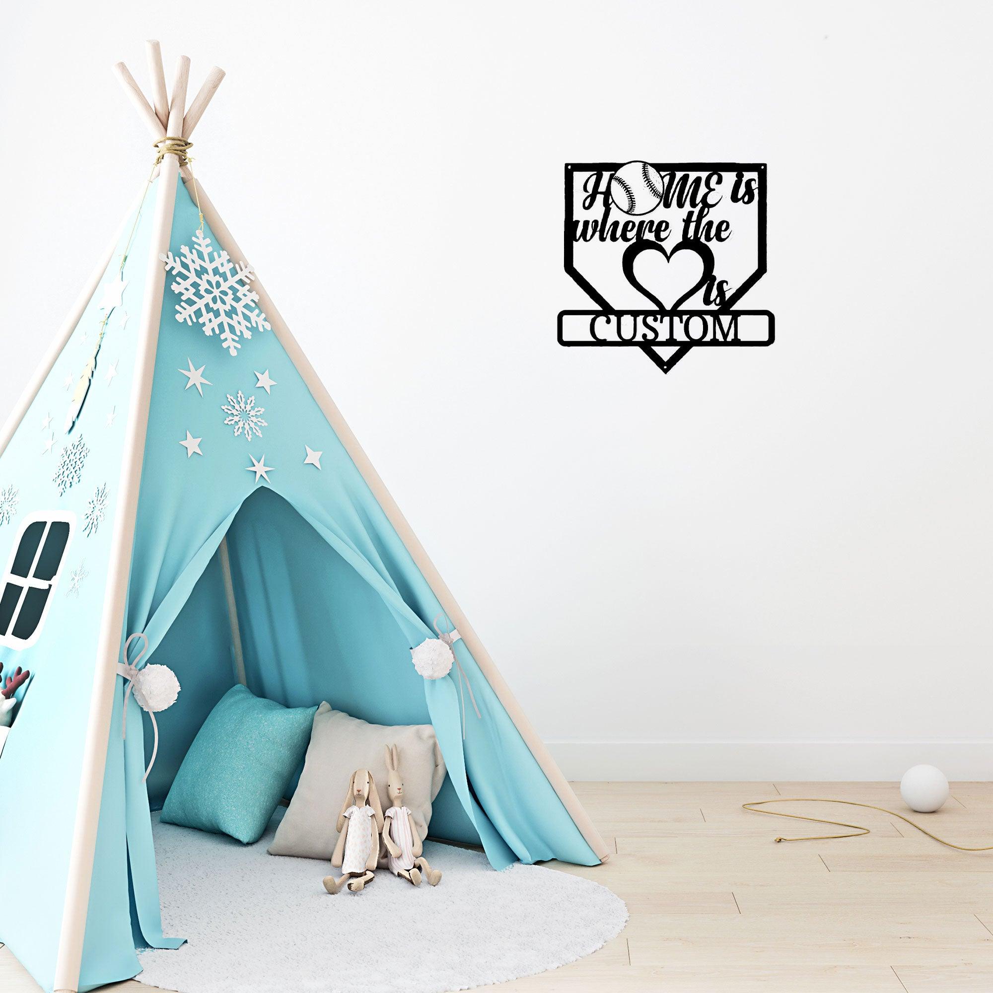 Baseball Home Is Where the Heart Is Custom Name Metal Art Wall Sign - Mallard Moon Gift Shop