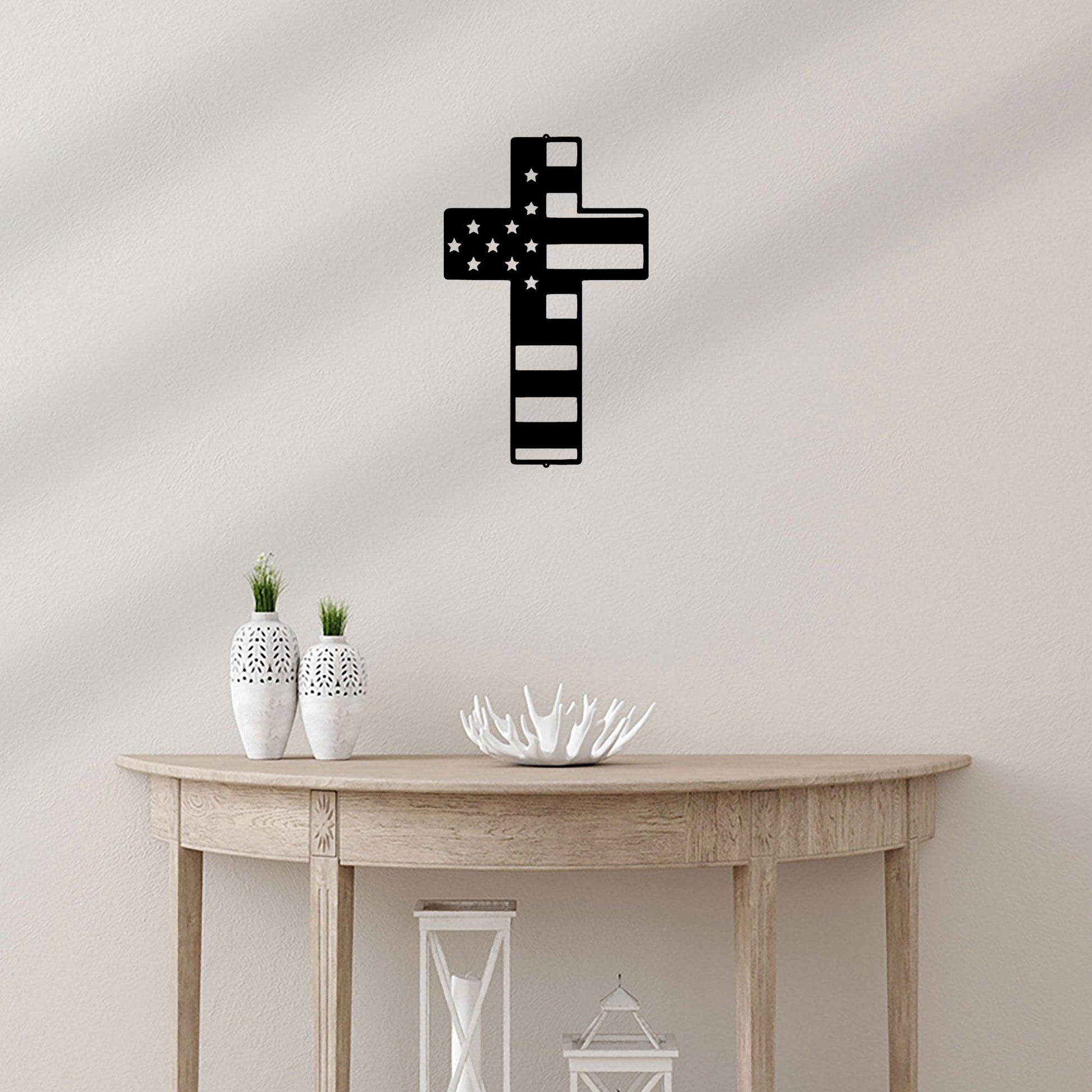 American Flag Cross Metal Art Wall Sign - Mallard Moon Gift Shop