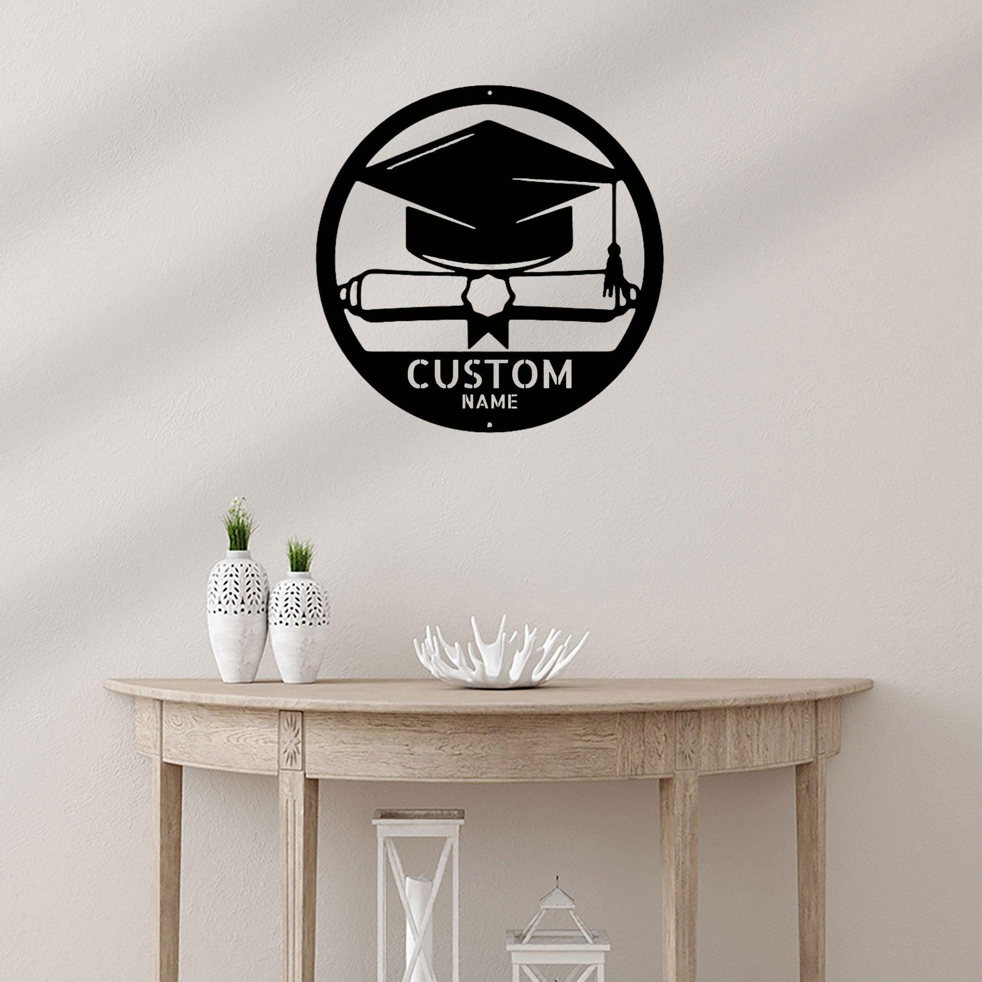 Graduation Cap and Diploma Custom Name Metal Art Wall Sign - Mallard Moon Gift Shop